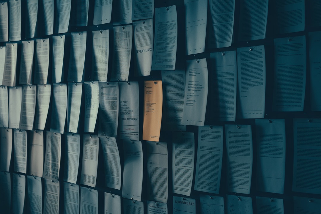 A wall of pinned printed article drafts in near-identical layouts, one picked out in amber by a beam of light.