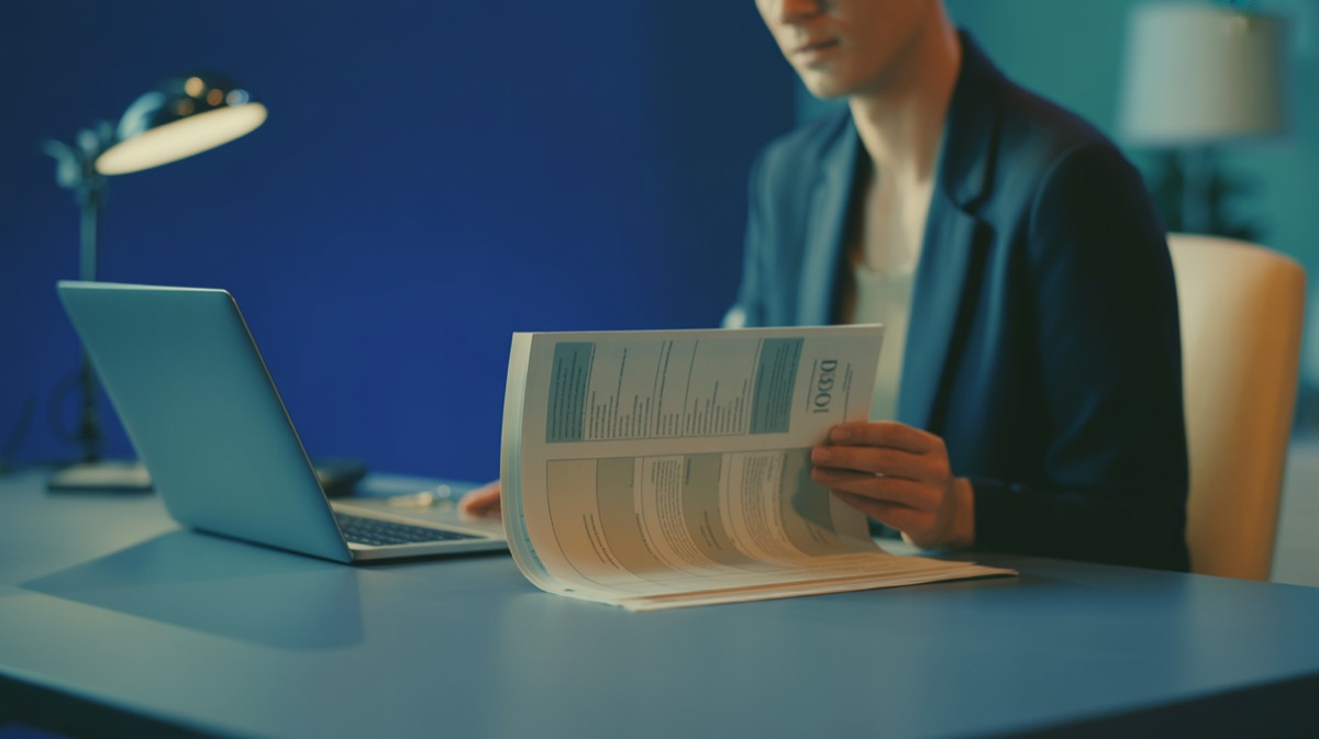 A content strategist reading a printed page specification beside a laptop in a blue-lit office.