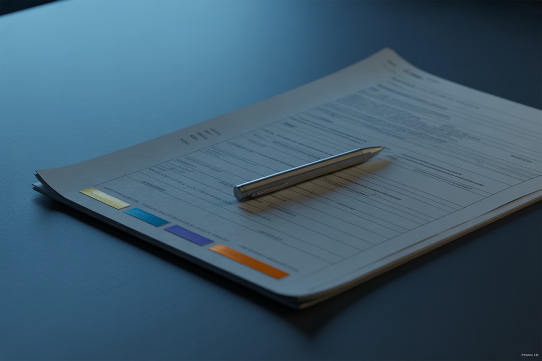 An annotated printed specification document with coloured index tabs and a pen resting across it, lit from the left.
