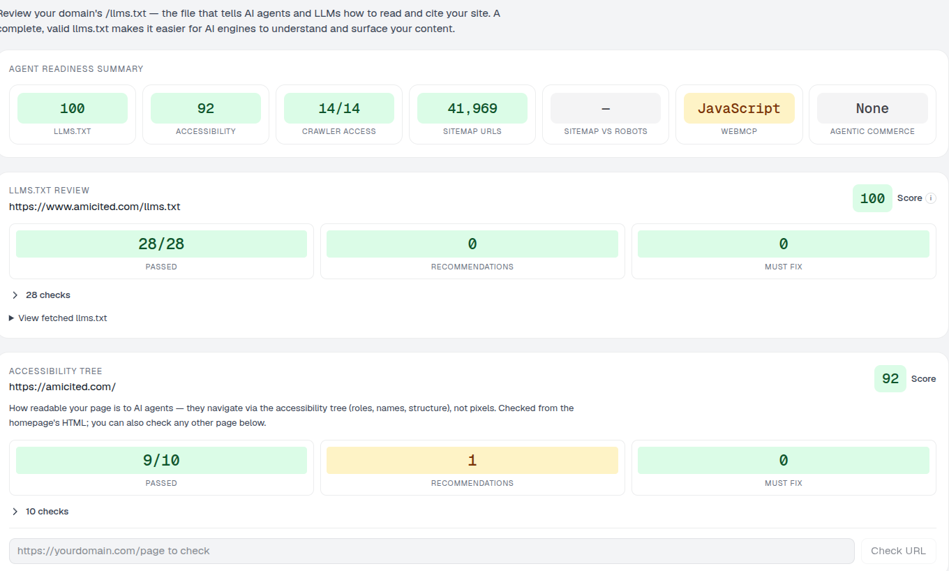 Agent Accessibility report showing llms.txt score, accessibility tree score and crawler access checks
