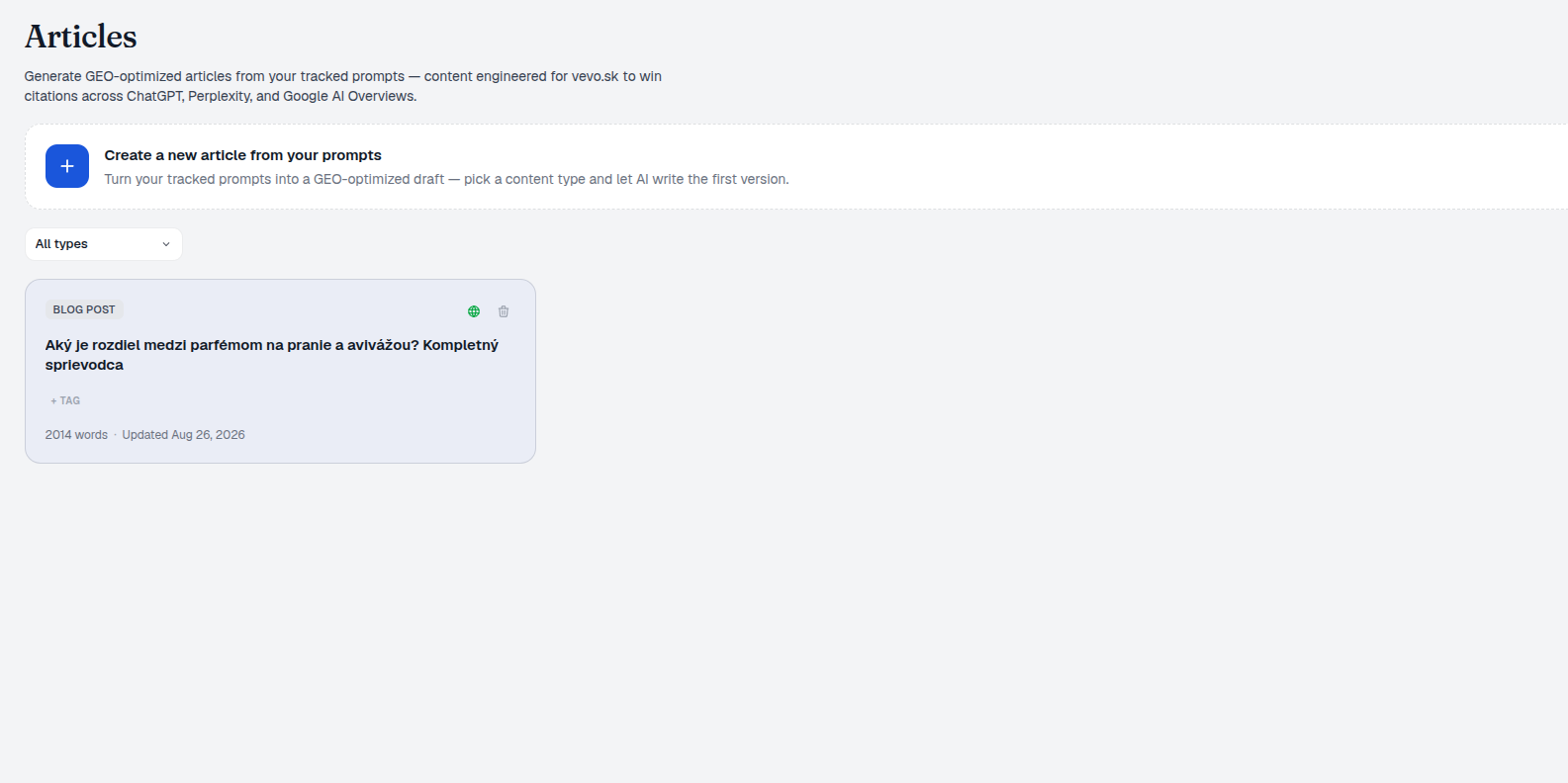 Articles library showing GEO-optimized articles generated from tracked prompts