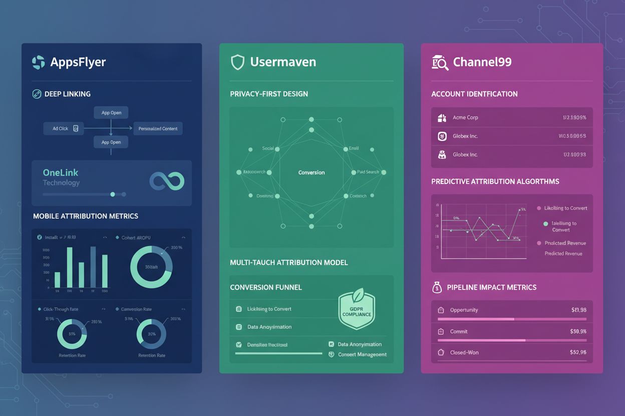 Comparison of AI Traffic Attribution platforms: AppsFlyer, Usermaven, and Channel99 interfaces