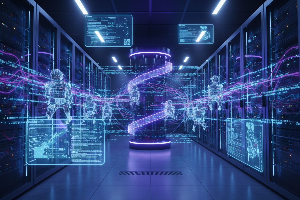 Server room with AI crawlers and data streams
