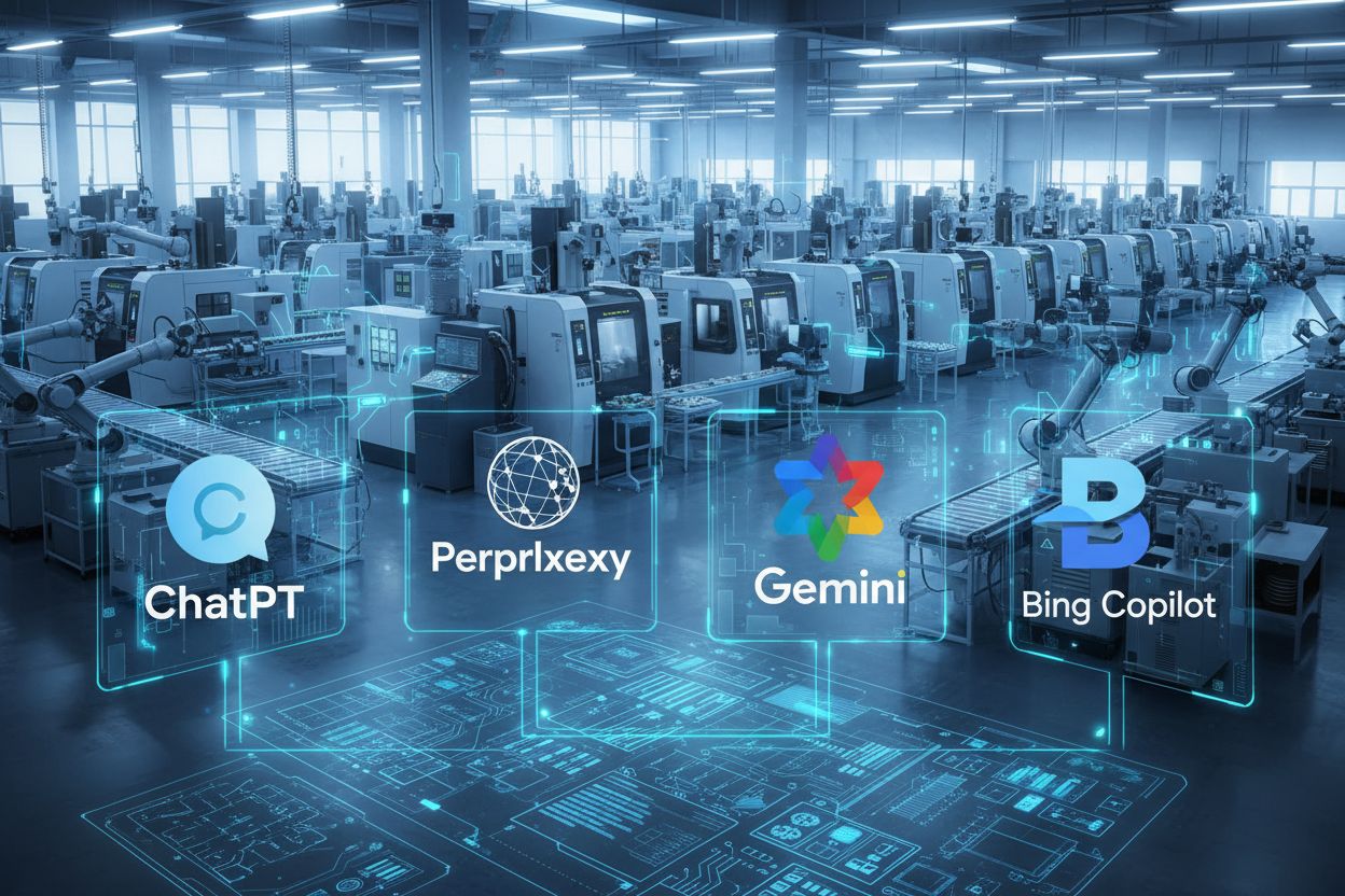 AI platforms ChatGPT, Perplexity, Google Gemini integrated with manufacturing facility showing digital transformation