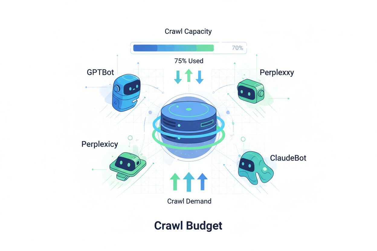 Crawl budget concept with AI bots approaching website server showing crawl capacity and demand