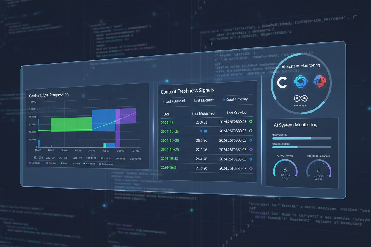 Technical dashboard showing content freshness signals and AI monitoring
