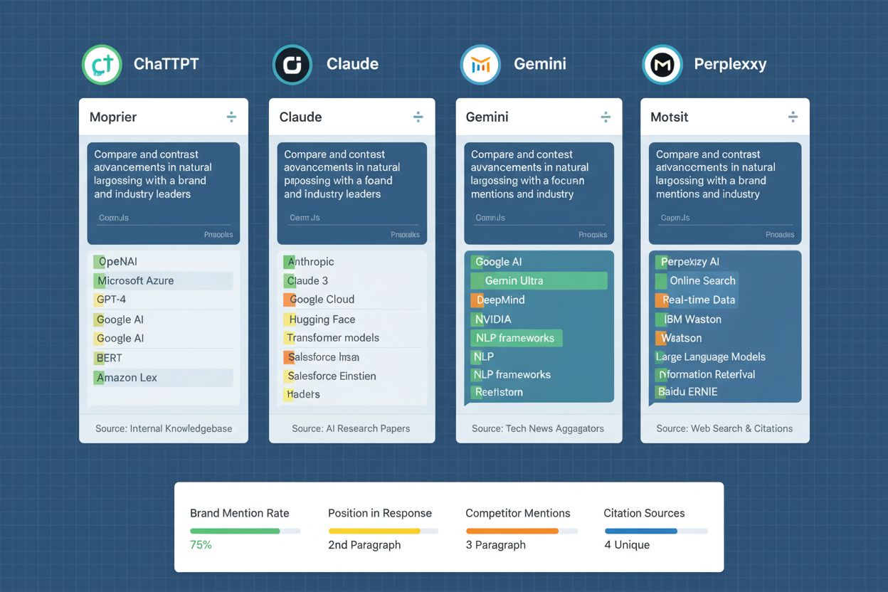 Multi-platform AI testing interface showing simultaneous prompt execution across ChatGPT, Claude, Gemini, and Perplexity