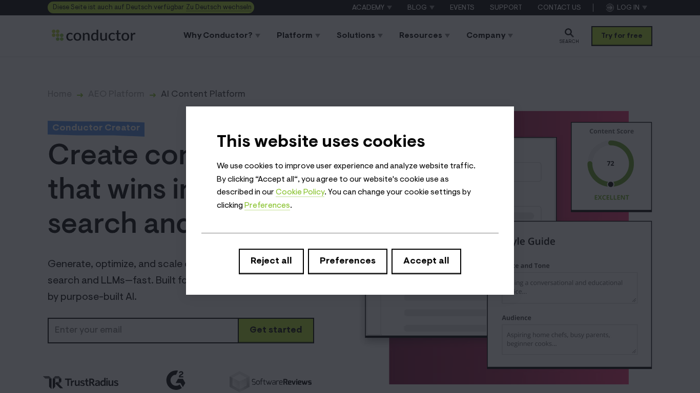 Conductor Creator platform showing AI Content Score feature for content optimization