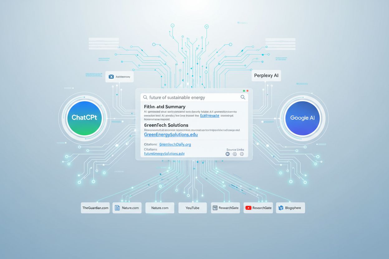 AI search ecosystem showing ChatGPT, Perplexity, and Google AI interconnected with brand visibility and citations