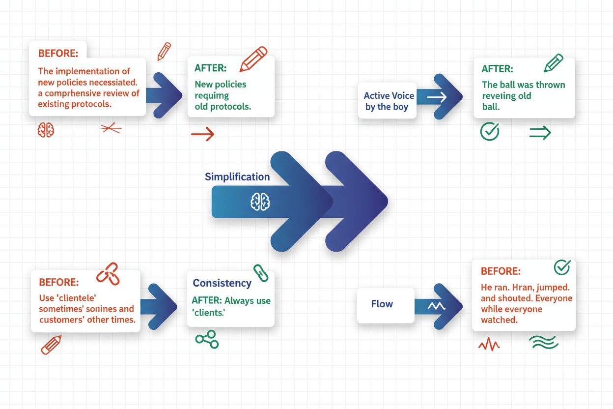 Writing techniques transformation showing before and after examples of fluency improvements
