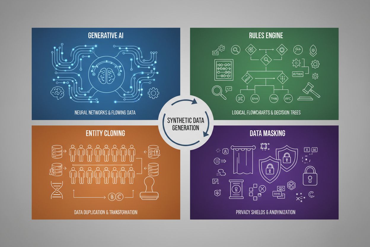 Comparison of synthetic data generation techniques including GANs, rules engine, entity cloning, and data masking
