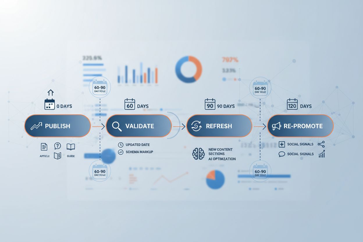 Content refresh workflow timeline showing publish, validate, refresh, and re-promote phases
