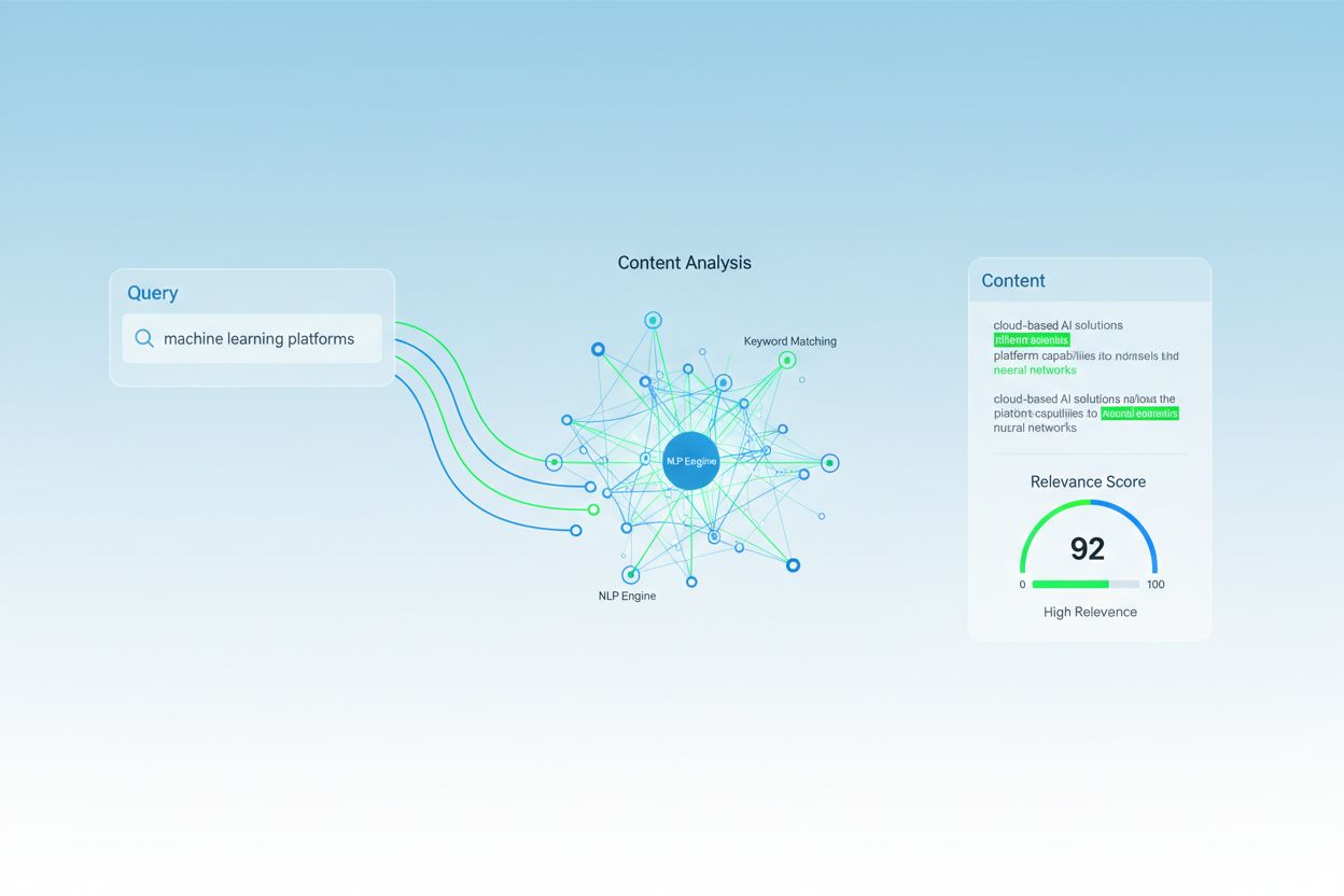 AI algorithm analyzing content relevance scoring with query and content matching visualization