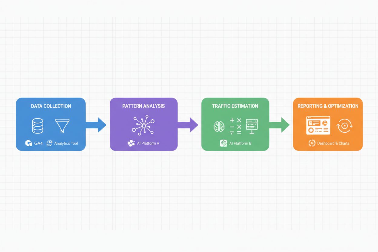 AI Traffic Estimation Implementation Workflow showing Data Collection, Pattern Analysis, Traffic Estimation, and Reporting stages