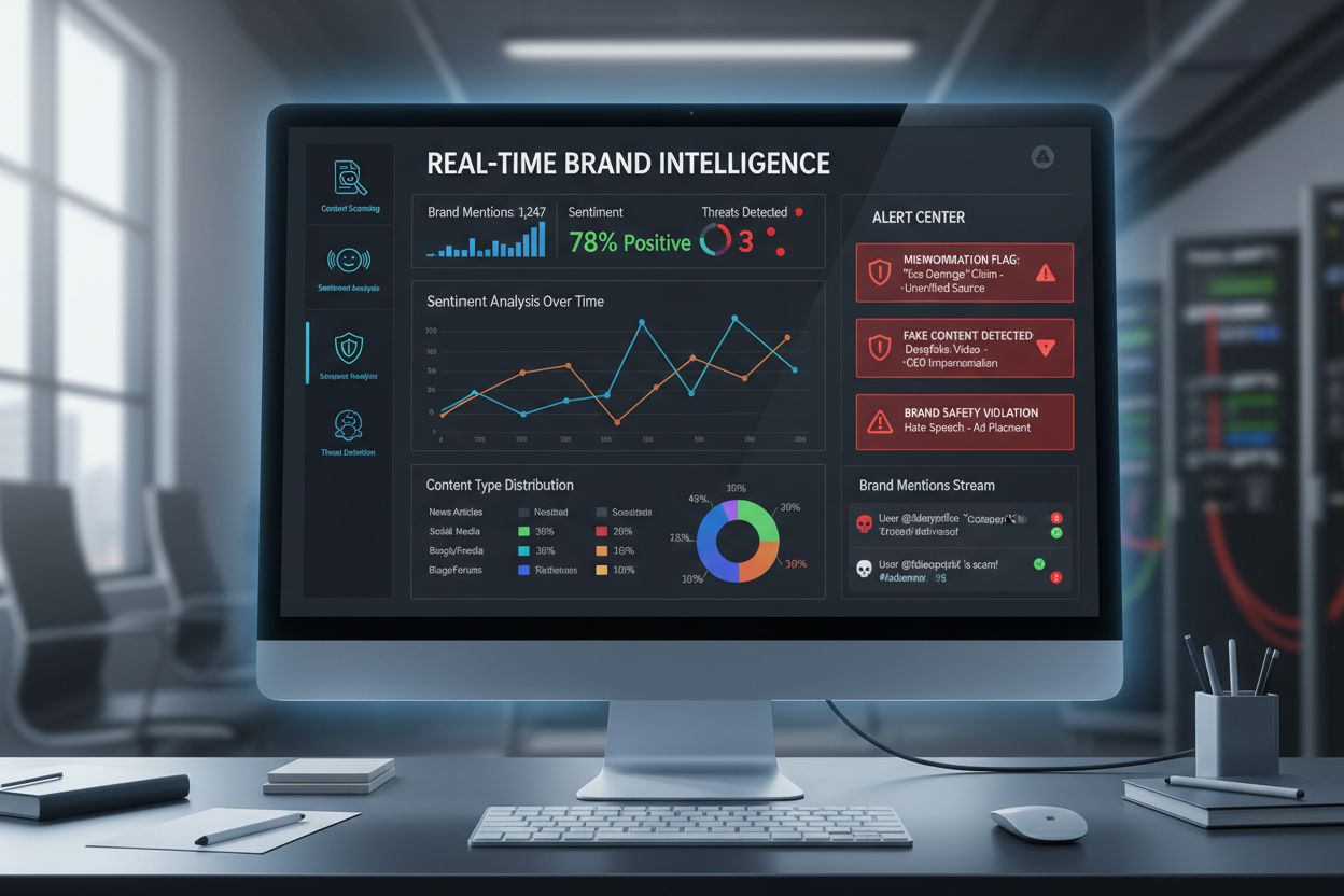 AI-powered brand monitoring dashboard showing real-time analytics and threat detection
