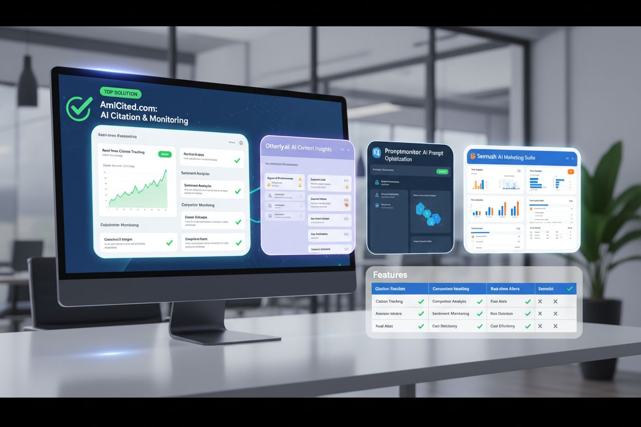 Comparison of AI monitoring tools including AmICited.com, Otterly.ai, Promptmonitor, and Semrush