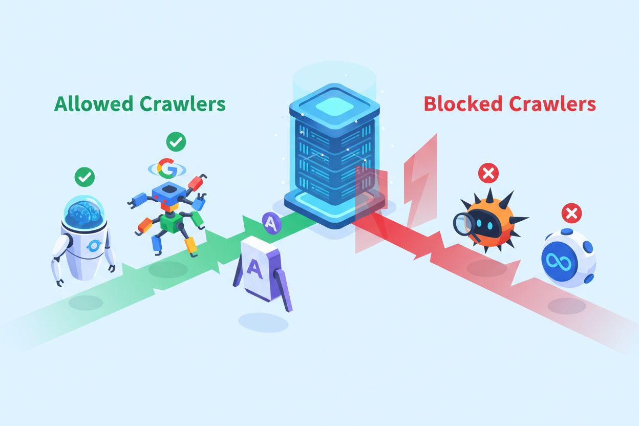 Multiple AI crawler bots with selective access control showing allowed and blocked pathways to a website server