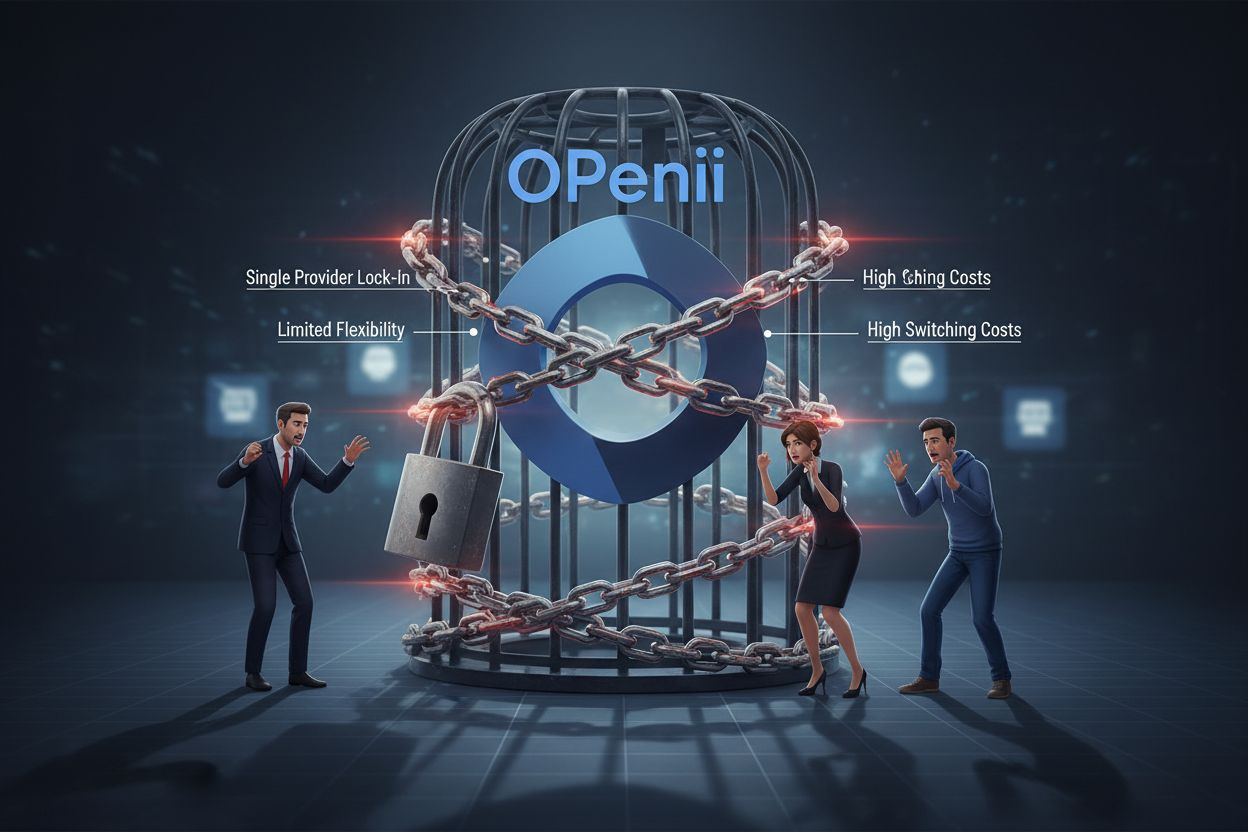 Vendor lock-in trap showing organization trapped by single AI provider with chains and padlocks