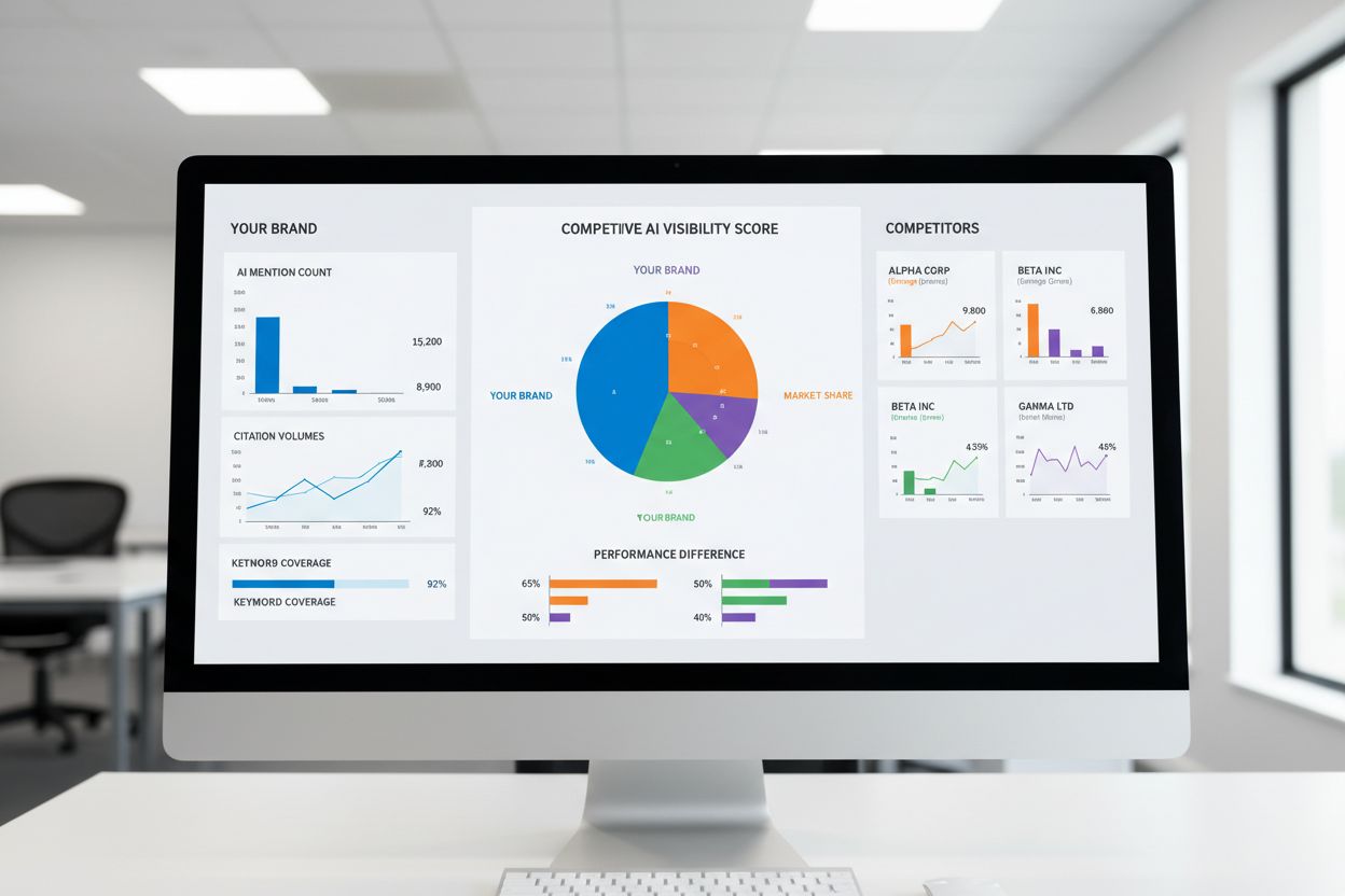 Competitive benchmarking dashboard showing mention counts, citation volumes, and keyword coverage comparison across brands