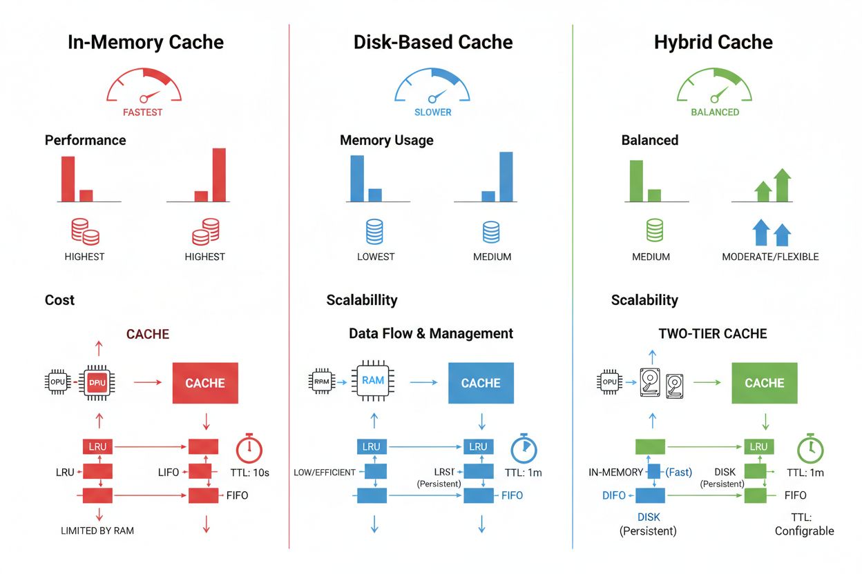 Cache invalidation strategies comparison showing time-based expiration, event-based invalidation, semantic invalidation, and hybrid approaches