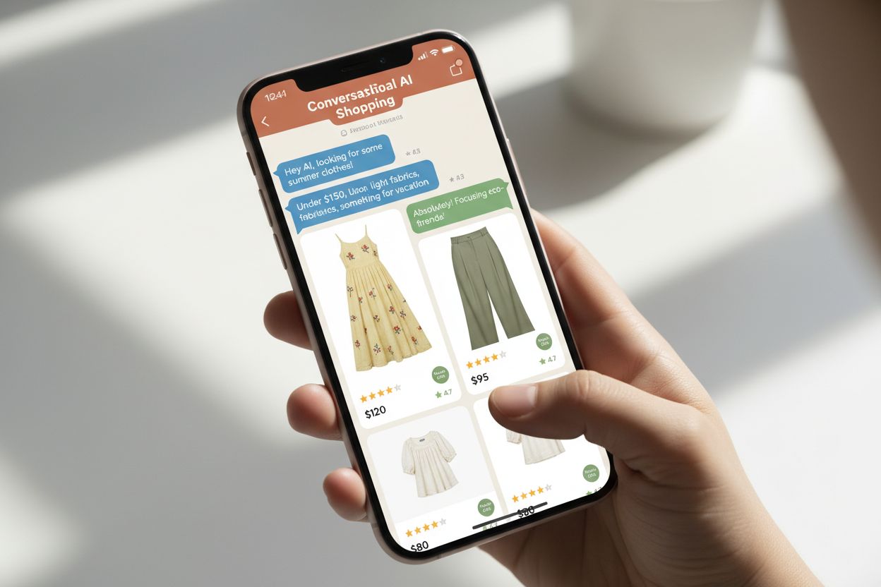 Smartphone showing conversational AI shopping assistant with natural language chat interface and product recommendations