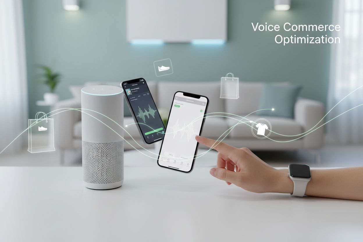 Modern smart home environment with voice commerce devices including Amazon Echo, Google Home, iPhone with Siri, and Apple Watch