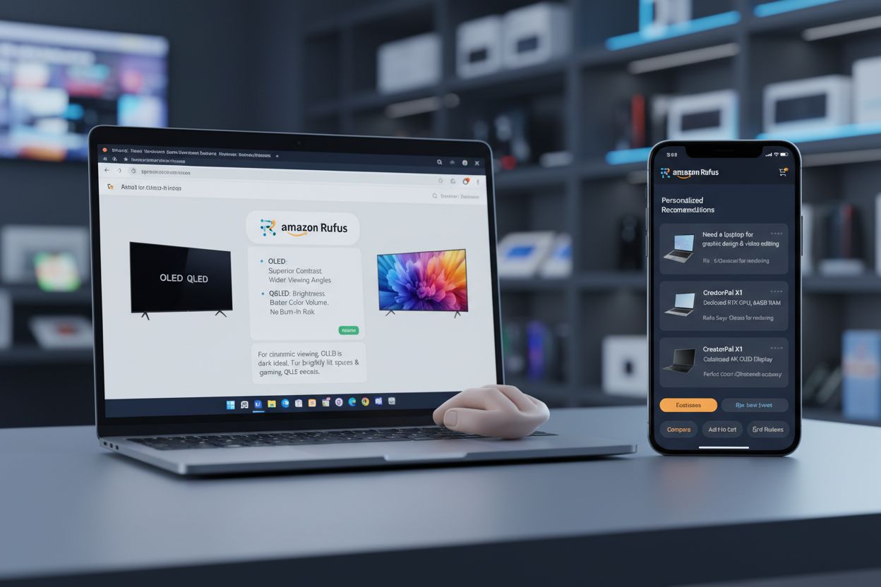 Split-screen visualization of Amazon Rufus AI shopping assistant on laptop and mobile phone showing product comparisons and recommendations