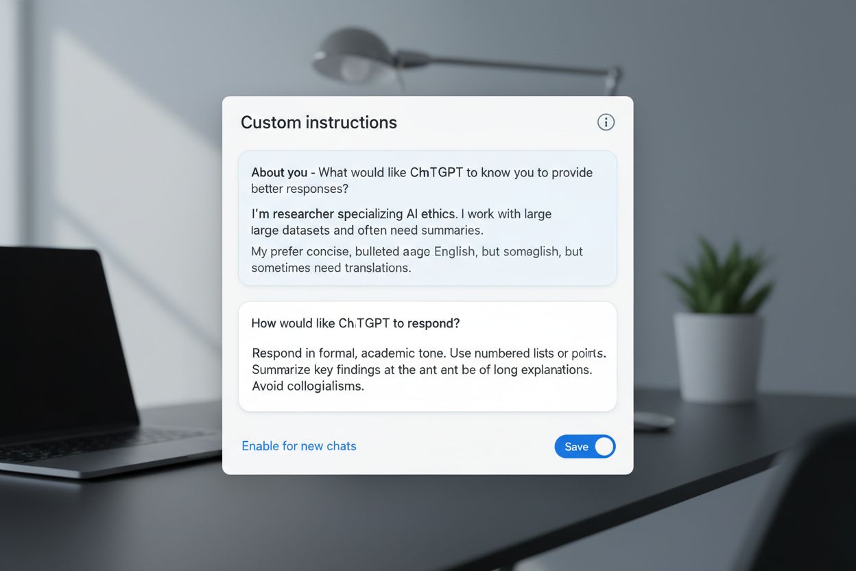ChatGPT Custom Instructions settings interface showing personalization panel with About you and How would you like ChatGPT to respond text boxes