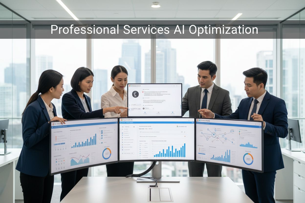 Professional consultant team working with AI optimization tools and dashboards in modern office