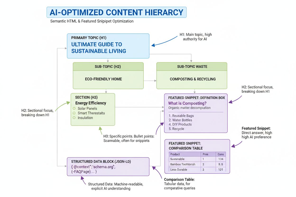 AI-optimized content structure hierarchy showing H1, H2, H3 headings with semantic HTML elements