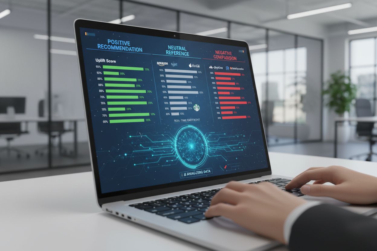 AI dashboard analyzing brand mentions with sentiment indicators showing positive, neutral, and negative classifications