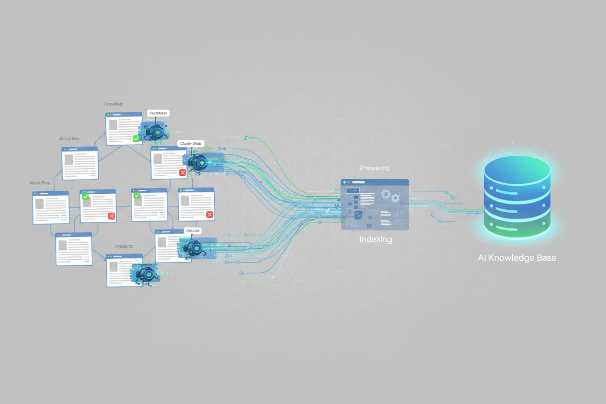 AI crawlers indexing website content with visual indicators of indexed and blocked content