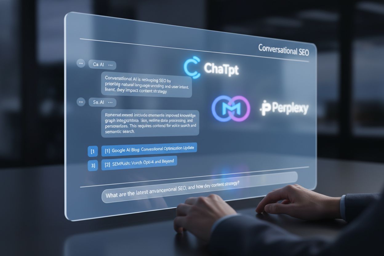 Modern conversational AI interface showing natural language query input with citations highlighted