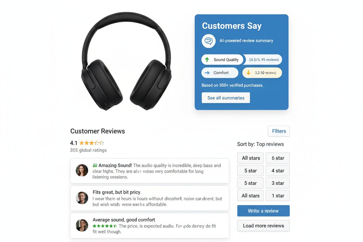 E-commerce product page with AI-generated review summary showing themes and customer feedback
