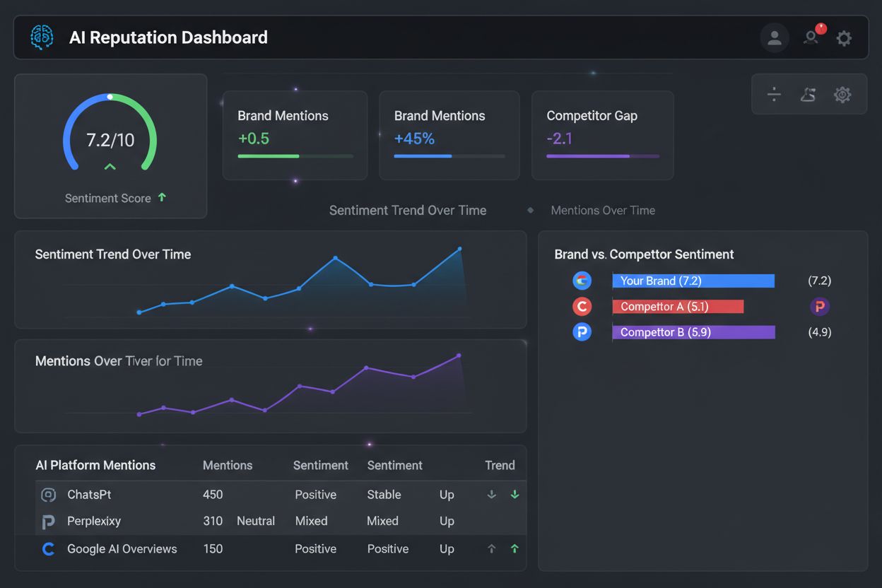 AI Reputation Monitoring Dashboard showing sentiment metrics, brand mentions, and competitor comparison across multiple AI platforms