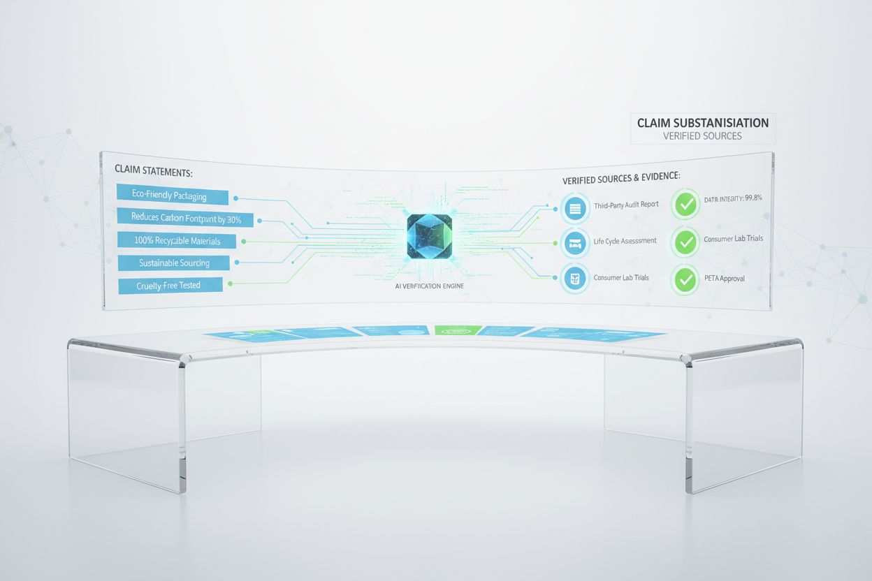 AI system analyzing and verifying marketing claims with evidence sources and verification checkmarks