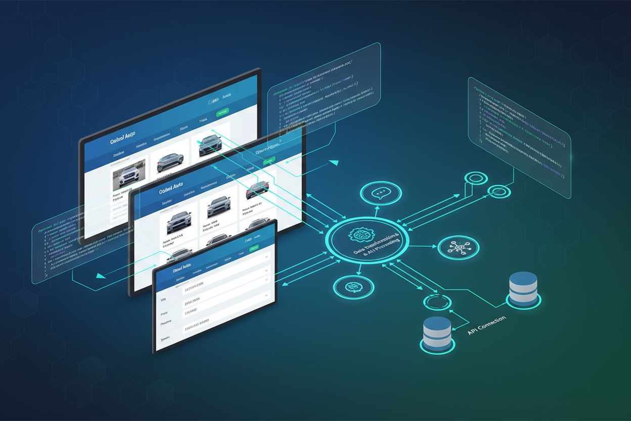 Technical illustration of structured data implementation for automotive showing schema markup and AI data flow