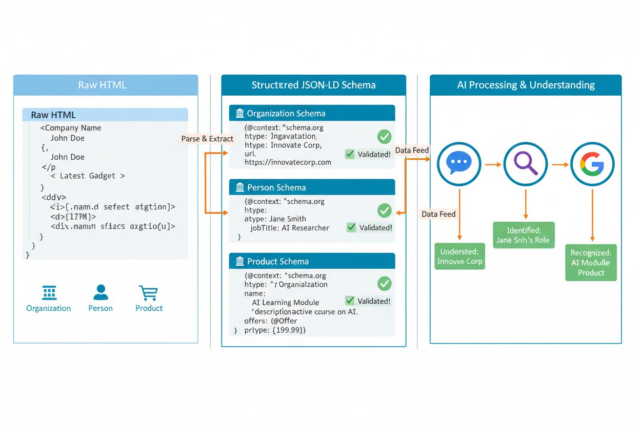JSON-LD implementation workflow showing code transformation and AI system processing