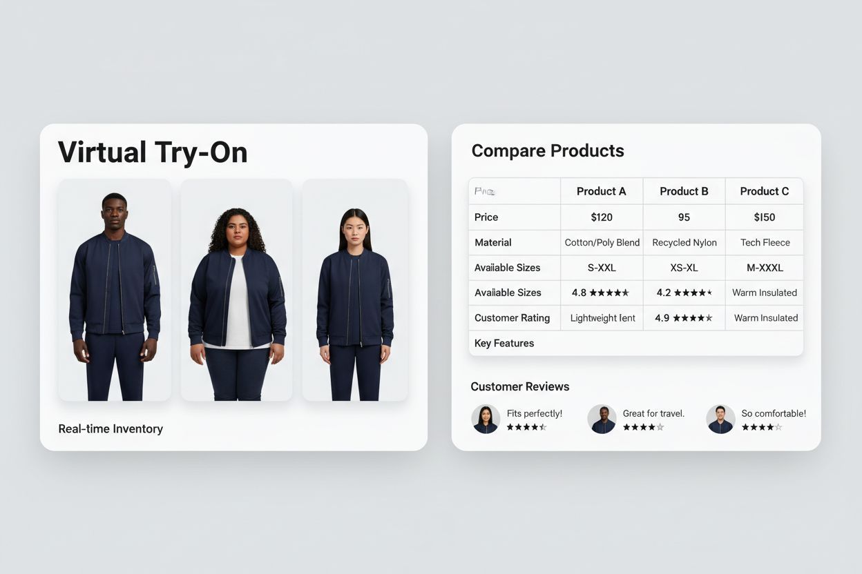 Visual product card design showing images, pricing, and user ratings