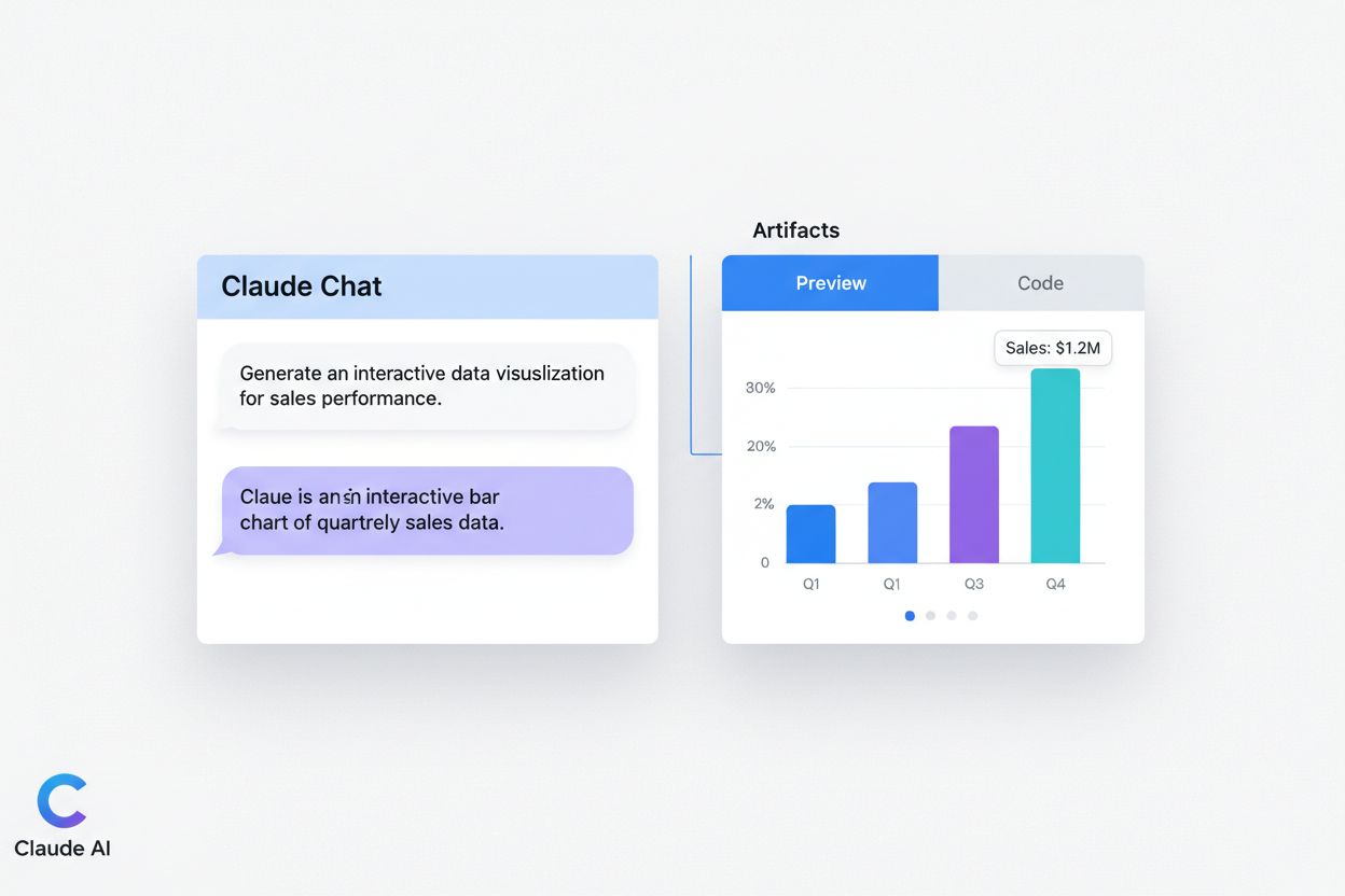 Claude Artifacts interface showing chat on left and interactive artifact panel on right with code visualization and bar chart
