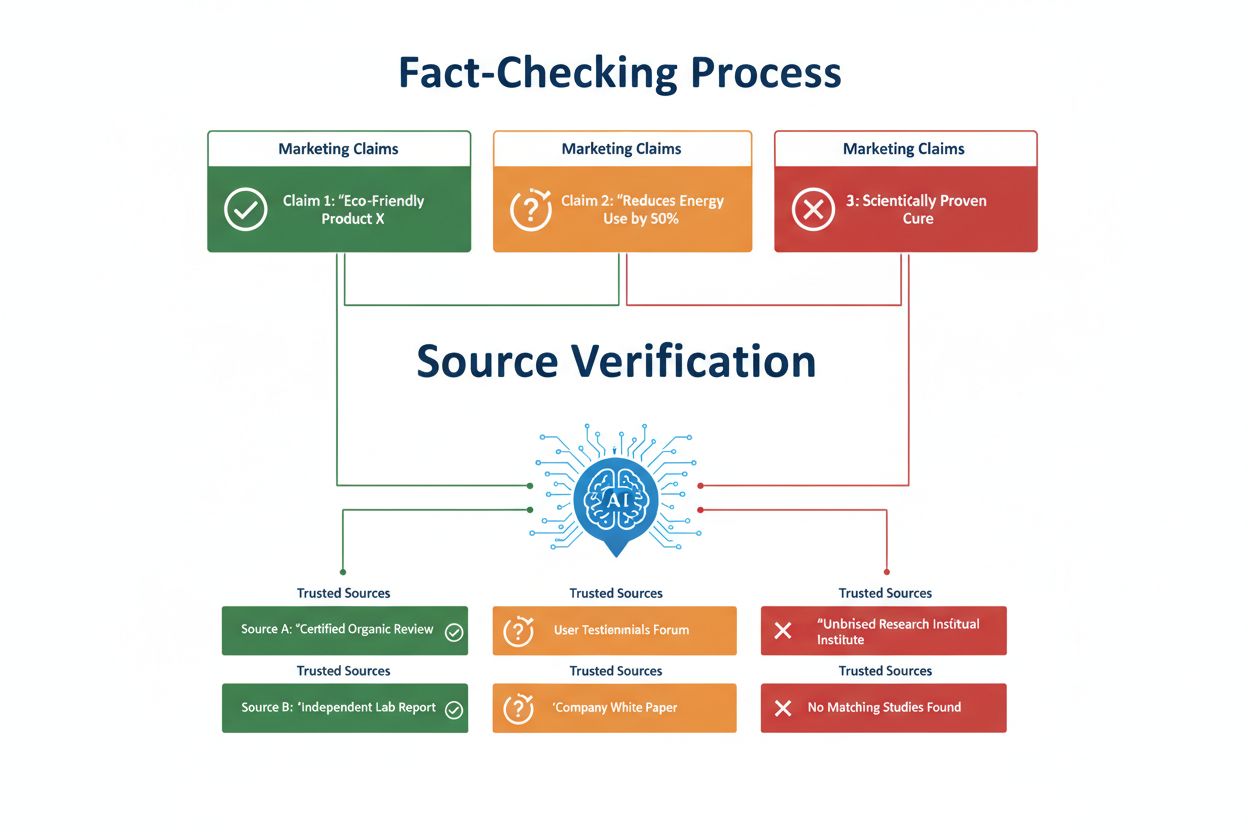 Fact-checking and source verification process showing claims cross-referenced with multiple trusted sources
