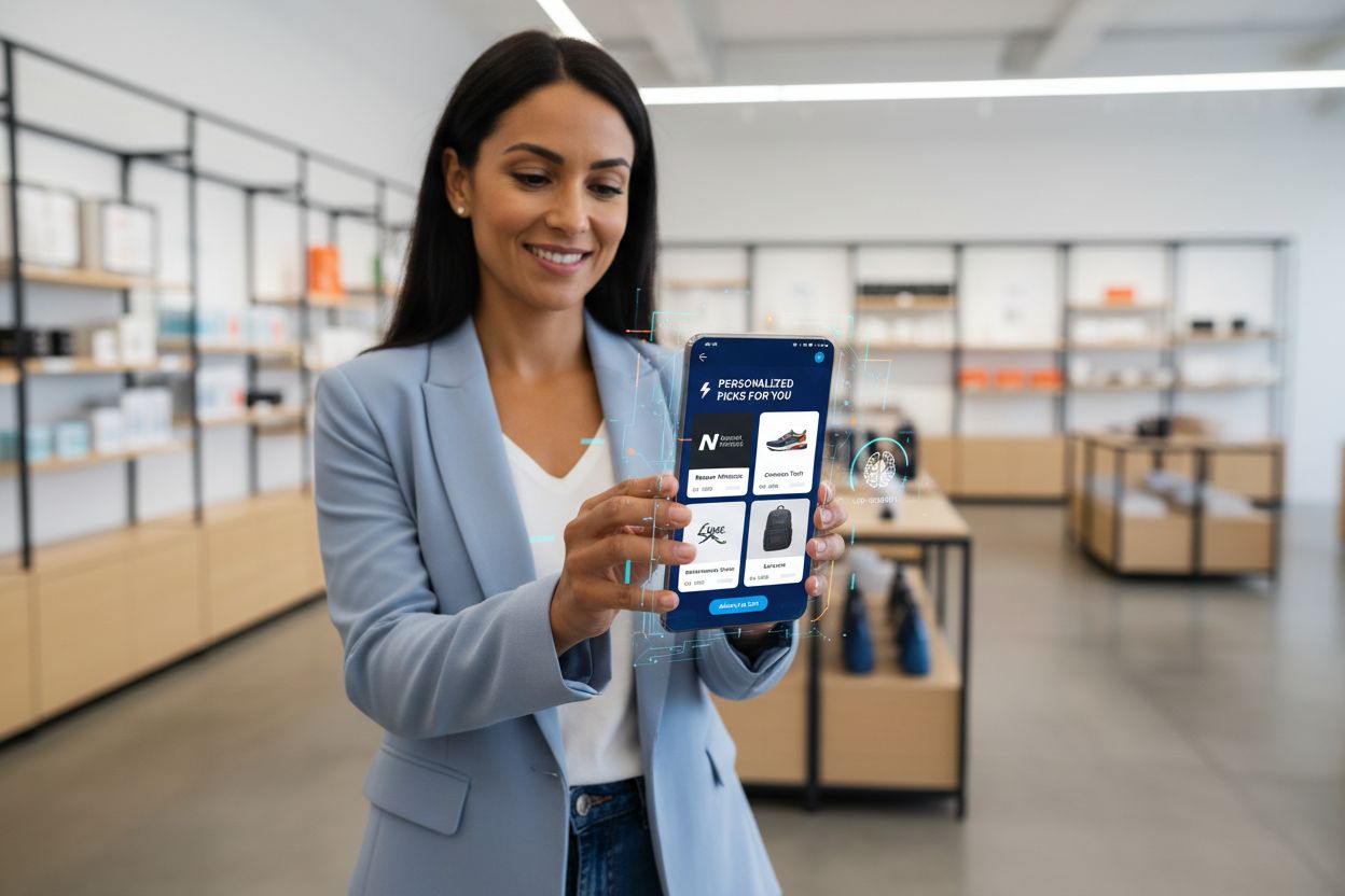 Real-time brand recommendations on smartphone showing personalized product suggestions with local device processing indicators
