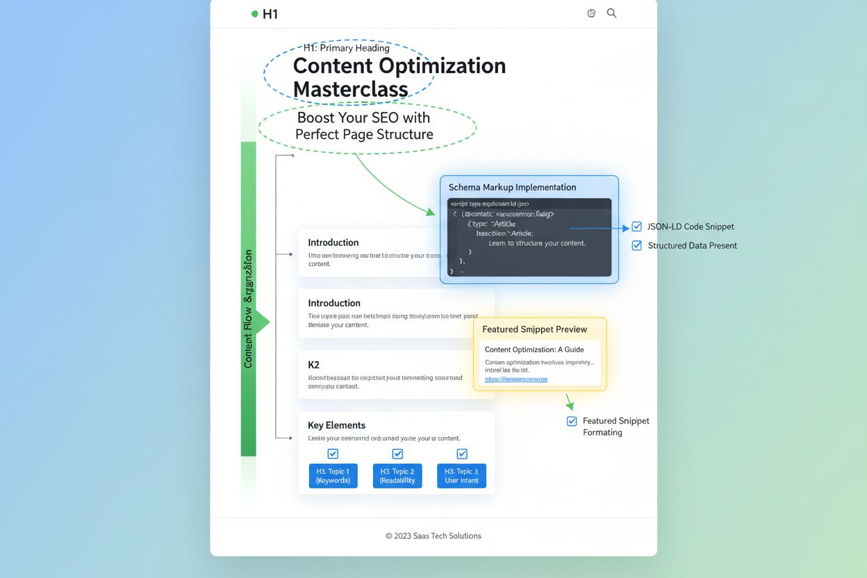 SaaS website content optimization with schema markup, structured data, and heading hierarchy highlighted