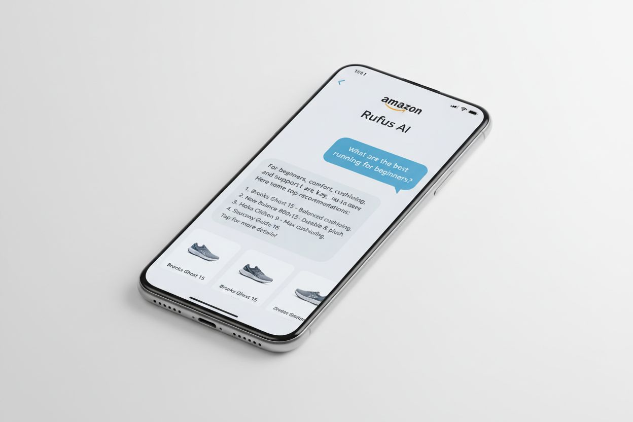 Amazon Rufus AI shopping assistant interface on smartphone showing chat conversation with product recommendations