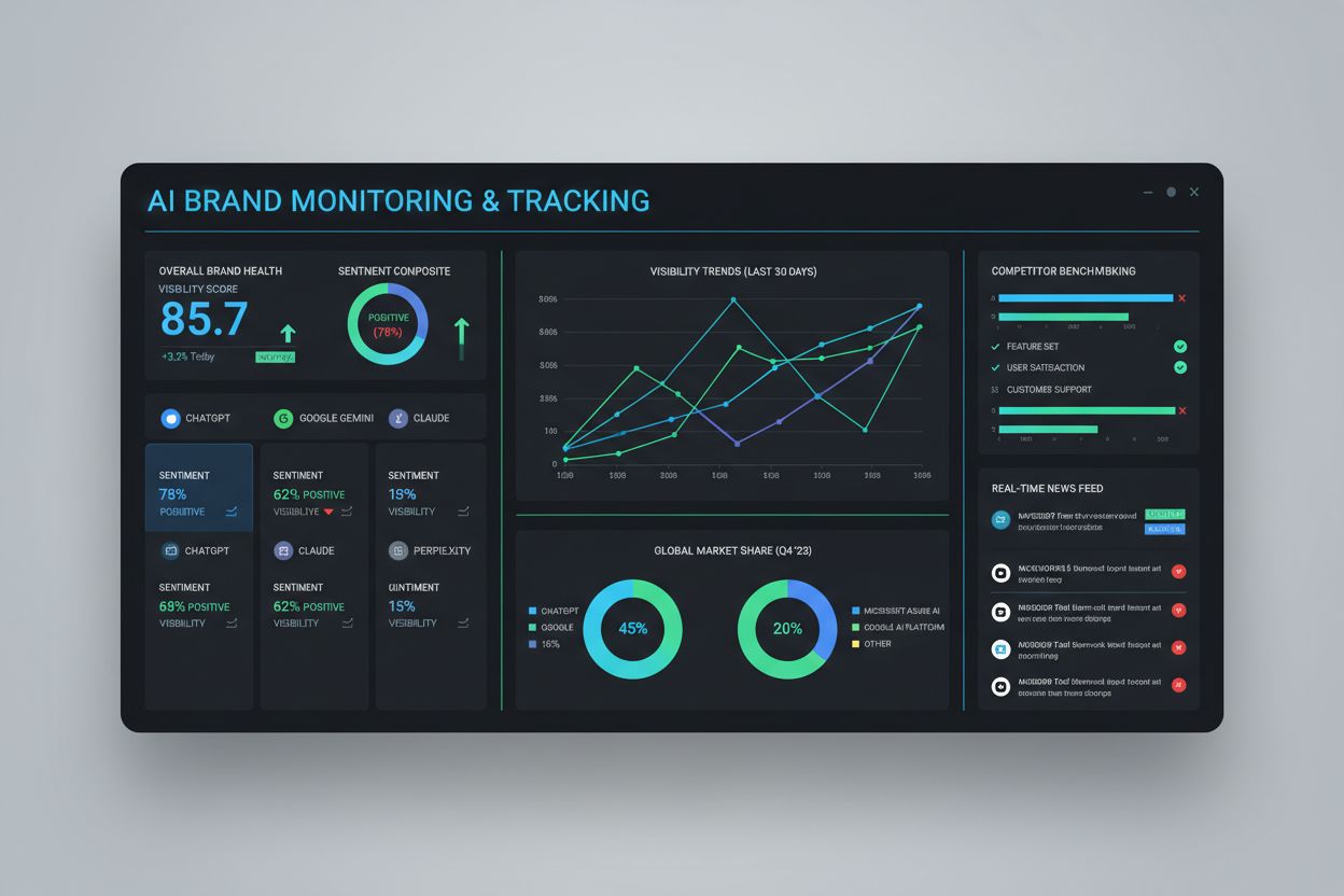 AI brand monitoring dashboard showing real-time metrics and sentiment analysis