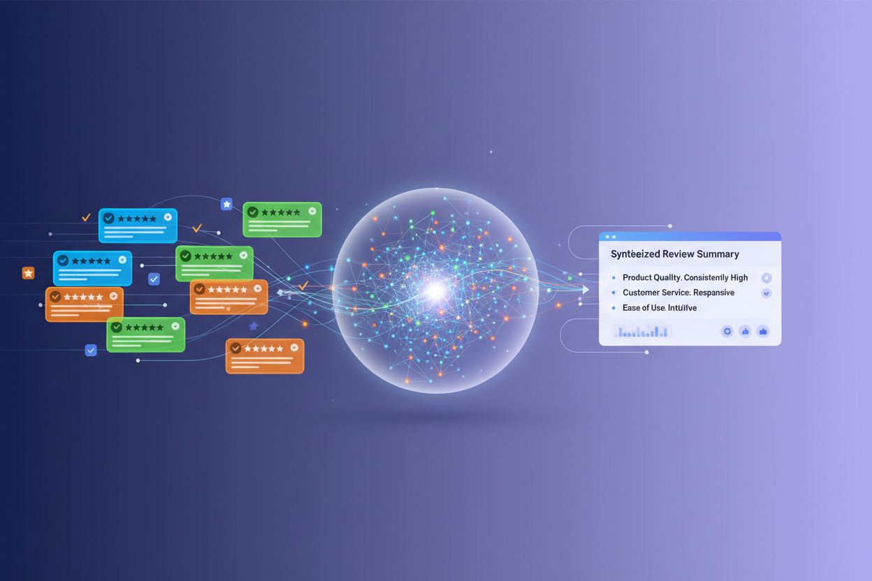 AI review aggregation dashboard showing multiple reviews flowing into a unified summary