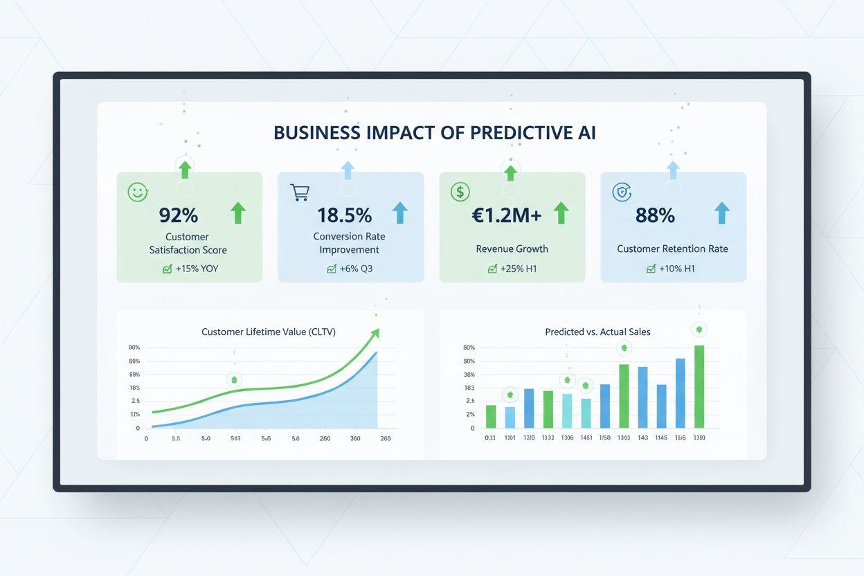 Business metrics and benefits of predictive AI queries showing customer satisfaction, conversion rates, revenue growth, and retention improvements
