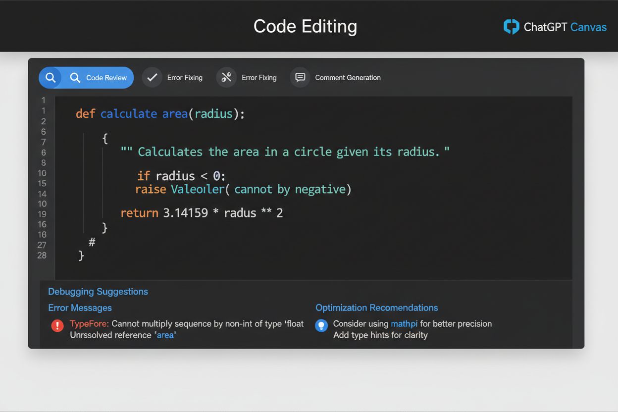 ChatGPT Canvas code editing interface with Python syntax highlighting and debugging suggestions