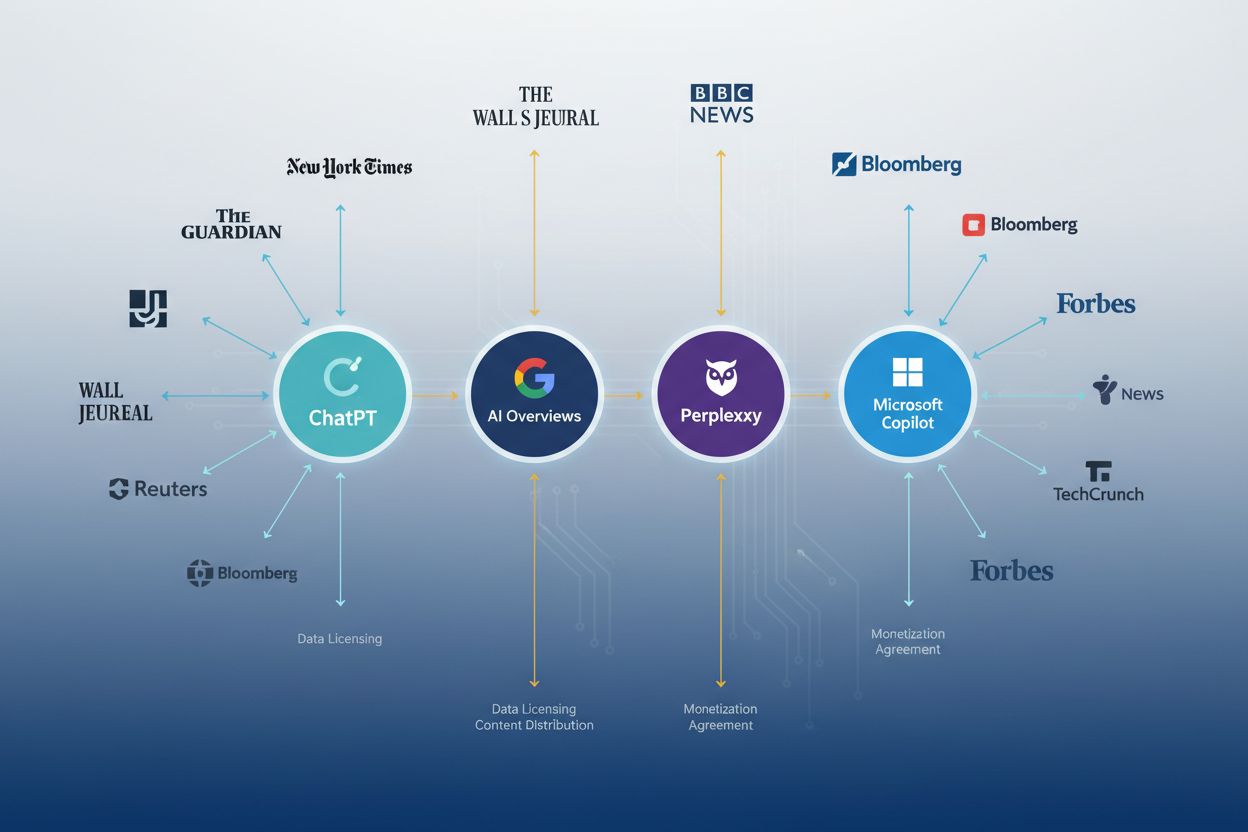 AI Platform Partnership ecosystem showing interconnected nodes of AI platforms and publisher networks