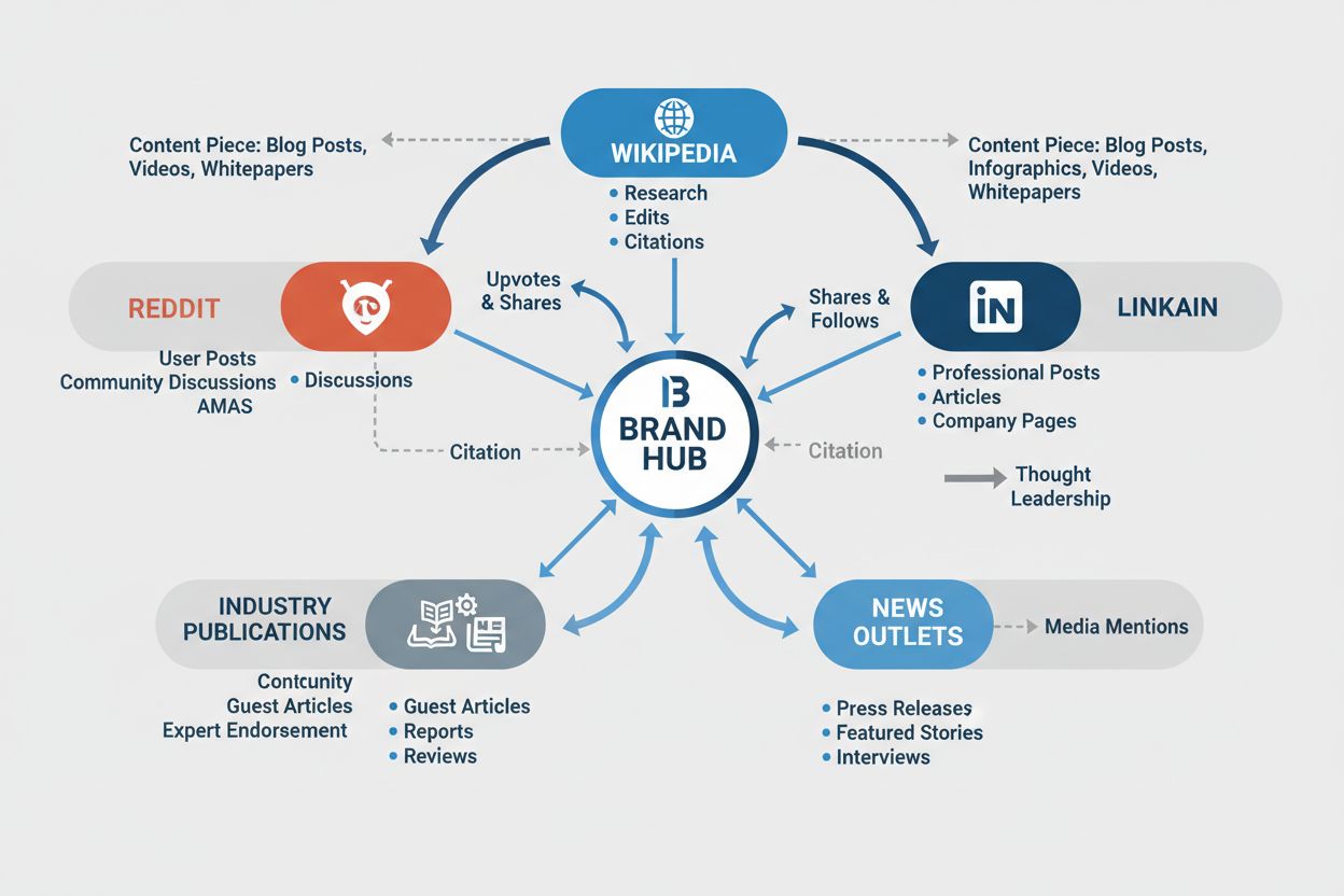 Content distribution strategy showing multiple platforms and citation flow